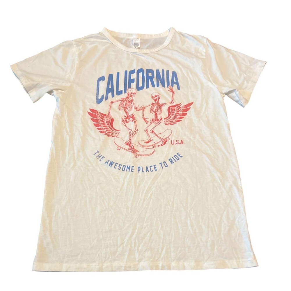 California‎ Skeleton Skateboard Graphic T Shirt White USA Graphic Tee Size L